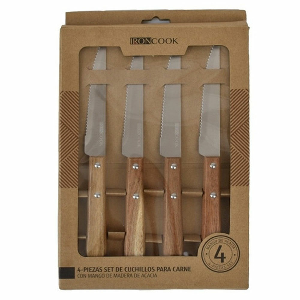 Set De 4 Cuchillos Para Carne Iron Cook 25 Cm Acero Inoxidable Y Madera De Acacia