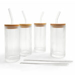 Juego De 4 Vasos De Vidrio 380Ml Con Tapa De Madera Y Popote - Imagen 2