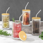 Juego De 4 Vasos De Vidrio 380Ml Con Tapa De Madera Y Popote - Imagen 3