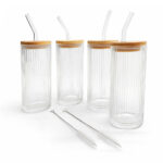 Juego De 4 Vasos De Vidrio 380Ml Con Tapa De Madera Y Popote