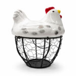 Canasta Para Huevos En Forma De Gallina Blanca De Ceramica Y Metal 16X19 Cm